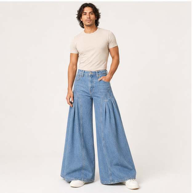Women Bell Bottom Jeans High Waist Stretch Wide Leg Baggy Flared Pleated Vintage Casual Loose Denim Pants - model view